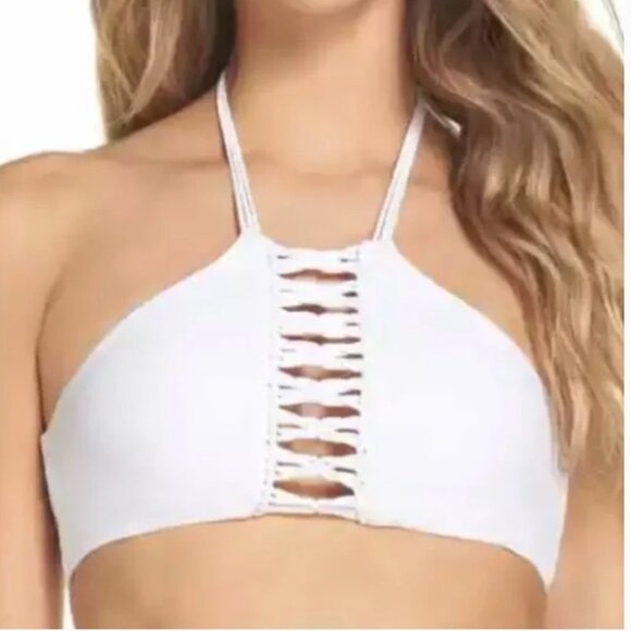 MIKOH WEST OZ HIGH NECK CROCHETED DETAIL HALTER BIKINI TOP IN FOAM Size Small - Picture 1 of 13